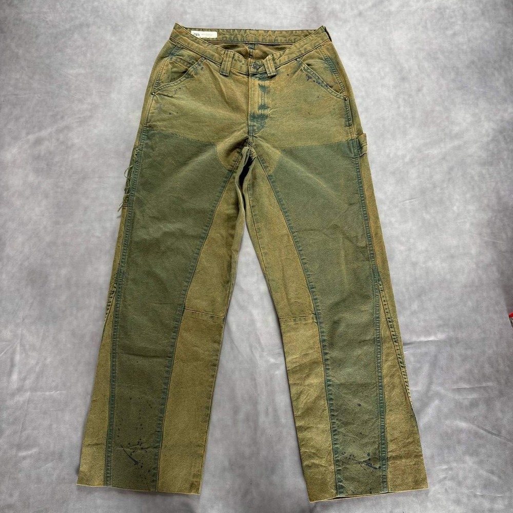 Zara Women Olive Tan Colorblock‎ Double Knee Workwear Pants Size 30 Distressed